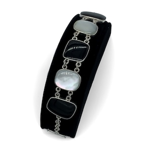 Vintage Sterling Silver Black Onyx and Mother Of Pearl Link Bracelet 7.5&quot;/ Sterling Black and White Gemstone Bracelet/ Vintage Sterling