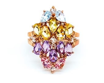 Rose Gold Sterling Silver Tourmaline Amethyst Blue Topaz Citrine Ring 7.5/ Rose Gold Tourmaline Ring/ Pastel Gemstone Ring/ Gift For Her