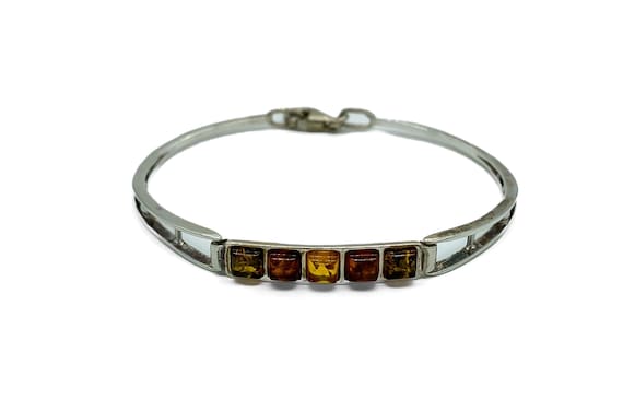Vintage Modernist Sterling Silver Amber Bracelet 6.25"/ Amber Sugarloaf Bracelet/ Multi Colored Amber Bracelet/ Modernist Amber Bracelet