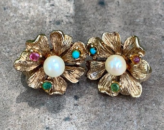 VINTAGE HOLLYWOOD☆texture pearl flower earrings ピアス Erwin Pearl Vintage Gold Floral Pearl Clip-On Statement