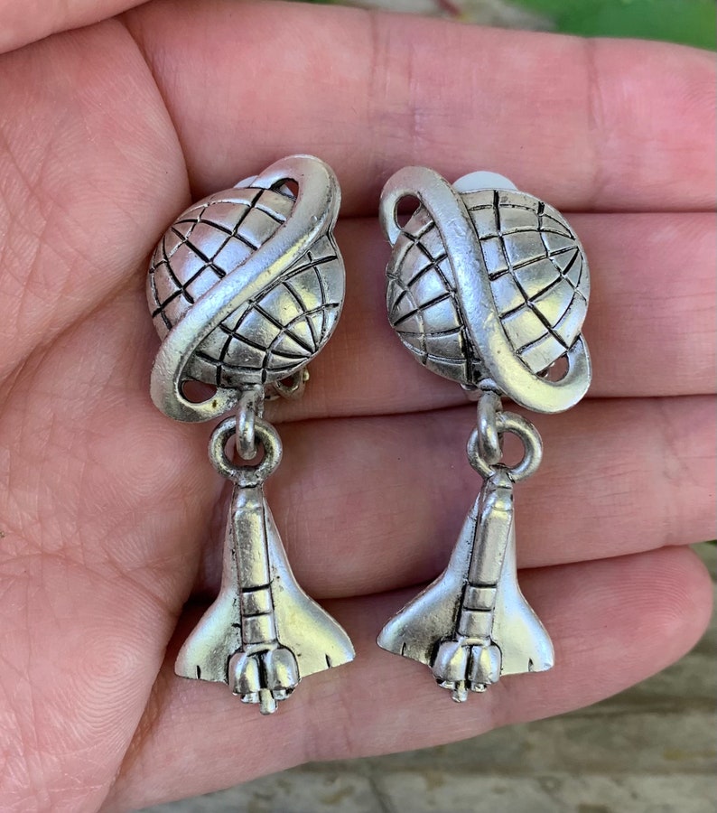 Vintage Mrs. Frizzle Planet & Rocket Ship Silver Tone Clip on Earrings ...