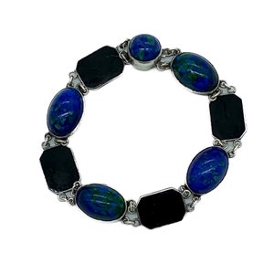 Antique Art Deco Sterling Silver Azurite Art Glass Black Enamel Link Bracelet 6.5&quot;/ Art Deco Sterling Silver Bracelet/ Antique Bracelet