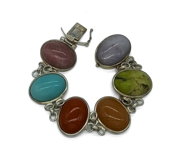 Vintage Sterling Silver Multi Gemstone Link Bracelet 7"/ Sterling Gemstone Bracelet/ Gemstone Cabochon Bracelet/ Turquoise Bracelet