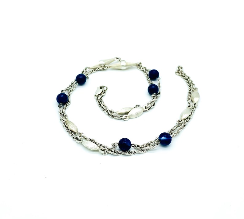 Antique Peruzzi Italy Sterling silver Ribbed Bead Lapis Lazuli Long Chain Necklace 30 Antique Peruzzi Chain Necklace Peruzzi Lapis Lazuli