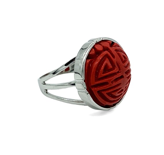 Vintage Chinese Sterling Silver Carved Cinnabar L… - image 7