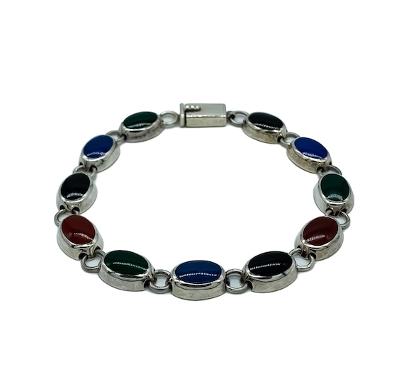 Vintage Modernist Sterling Silver Enamel Link Bracelet 7.5"/ Taxco Sterling Link Bracelet/ Vintage Sterling Bracelet/ Sterling Bracelet