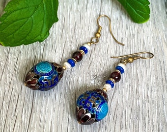 Antique Qing Dynasty Cloisonne Earrings/ 14k Gold Sterling Silver Garnet Lapis Pearl Earrings/ Antique Cloisonné Earrings/ Chinese Earrings