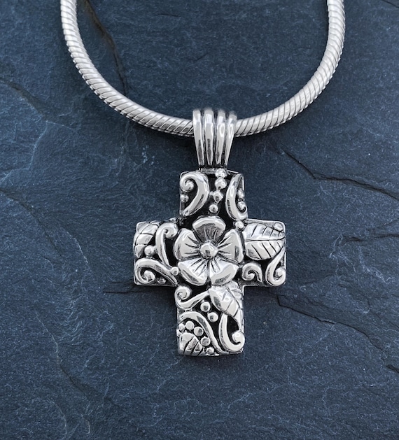 Vintage Taxco Sterling Silver Floral Cross Pendant Necklace 19"/ Vintage Sterling Necklace/ Sterling Cross Pendant Necklace/ Taxco Cross