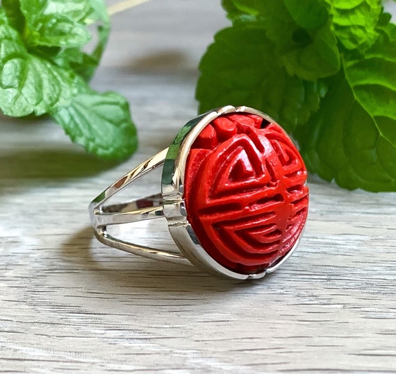 Vintage Chinese Sterling Silver Carved Cinnabar L… - image 1