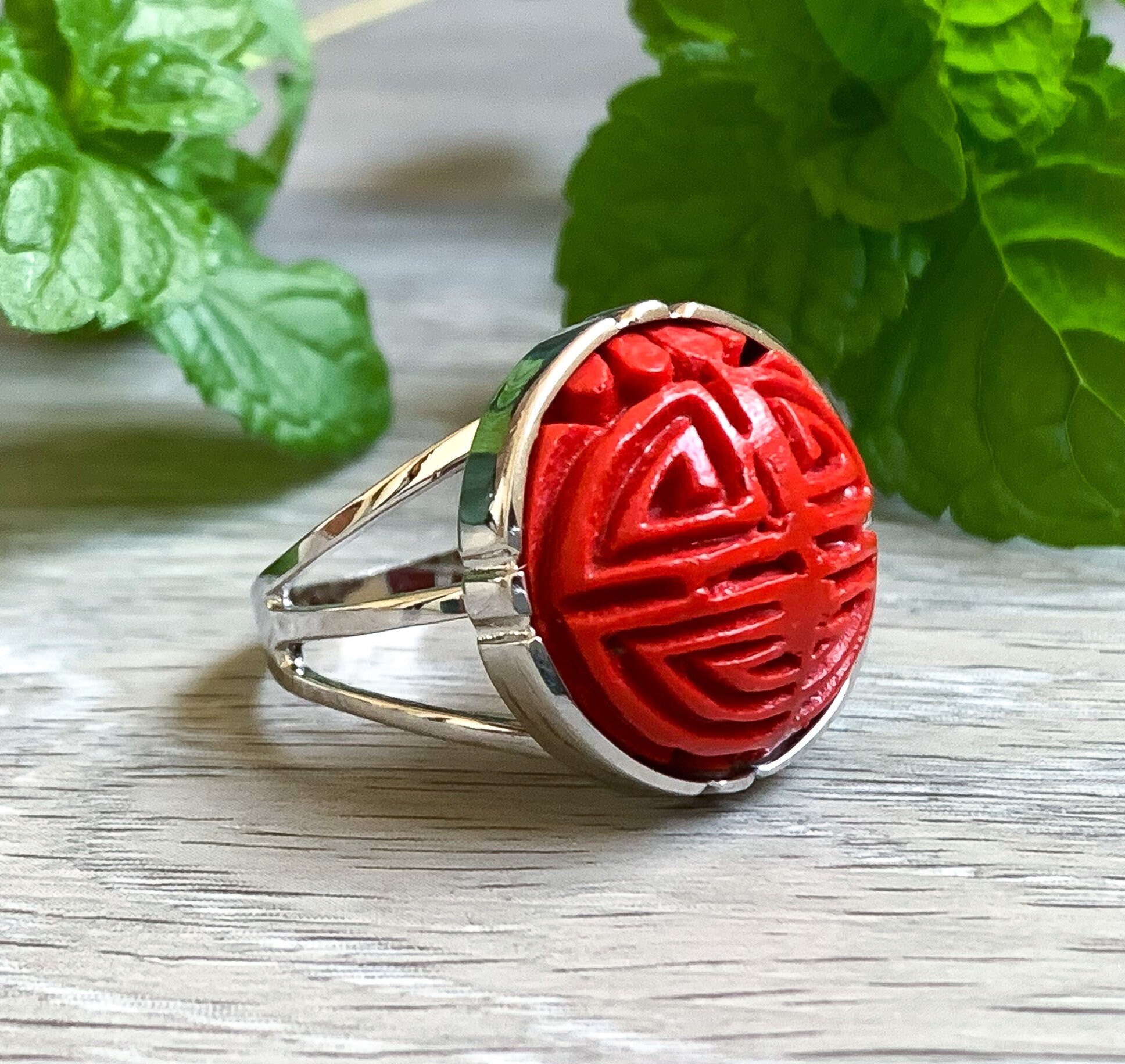 Vintage Chinese Sterling Silver Carved Cinnabar Lacquer
