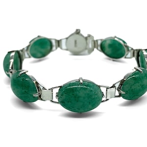 Vintage Mid Century Chinese Sterling Silver Icy Green Jade Link Bracelet 7&quot;/ Sterling Silver icy Green Jade Bracelet/ Chinese Import