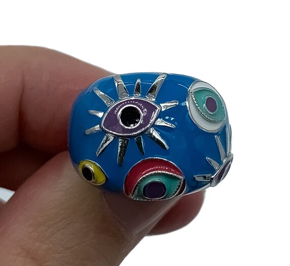 Vintage Y2k Sterling Silver Enamel Evil Eye Dome … - image 9