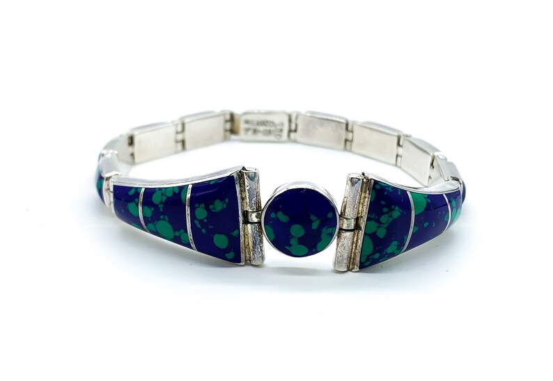 Vintage Taxco Sterling Silver Inlay Azurite Lapis Malachite Link Bracelet 7.5 Vintage Sterling Silver Inlay Azurite Bracelet Azurite