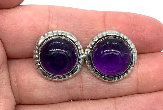 Vintage Modernist Sterling Silver Amethyst Cabochon Stud Earrings/ Amethyst Post Earrings/ Vintage Sterling Earrings/ Sterling Amethyst View 2