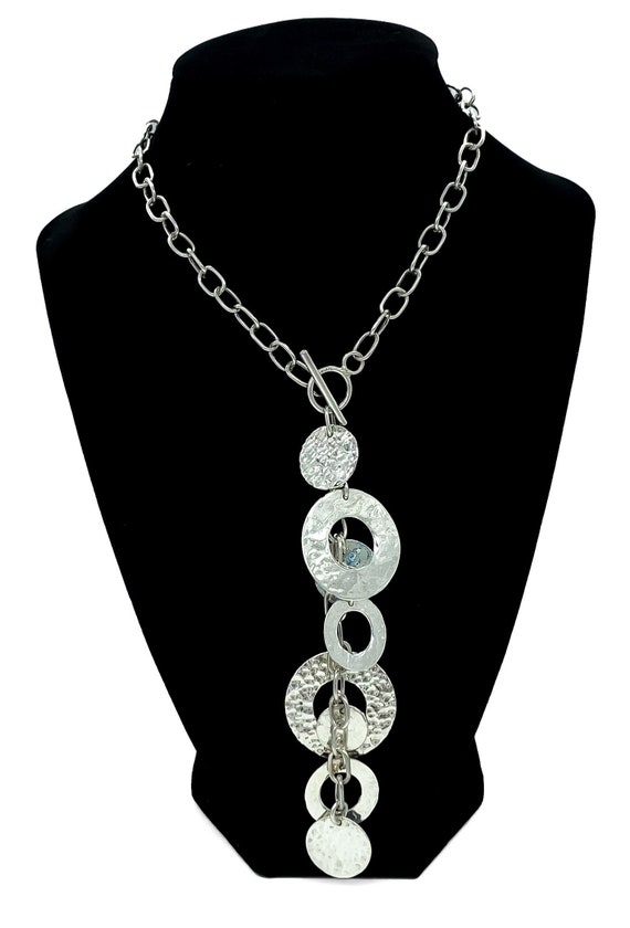 Vintage Hammered Sterling Silver Disk Lariat Necklace 16"/ Hammered Sterling Necklace/ Vintage Sterling Necklace/ Sterling Silver Necklace