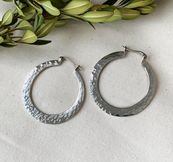 Vintage Modernist Sterling Silver Hammered Hoop Earrings/ Modernist Sterling Earrings/ Sterling Hoop Earrings/ Sterling Flat Hoop Earrings