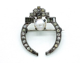 Antique Art Deco Sterling Silver Pearl Paste Rhinestone Crescent Pin Brooch/ Art Deco Sterling Silver Paste Rhinestone Brooch/ Art Deco Pin