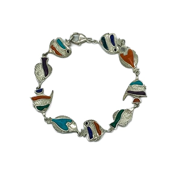 Vintage Sterling Silver Tropical Fish Gemstone Bracelet 7.5"/ Sterling Fish Bracelet/ Vintage Sterling Bracelet/ Sterling Silver Bracelet