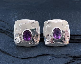 Vintage Modernist Sterling Silver Amethyst Earrings/ Taxco Sterling Earrings/ Amethyst Sterling Earrings/ Modernist Sterling Earrings