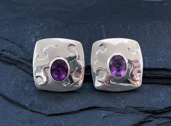 Vintage Modernist Sterling Silver Amethyst Earrings/ Taxco Sterling Earrings/ Amethyst Sterling Earrings/ Modernist Sterling Earrings