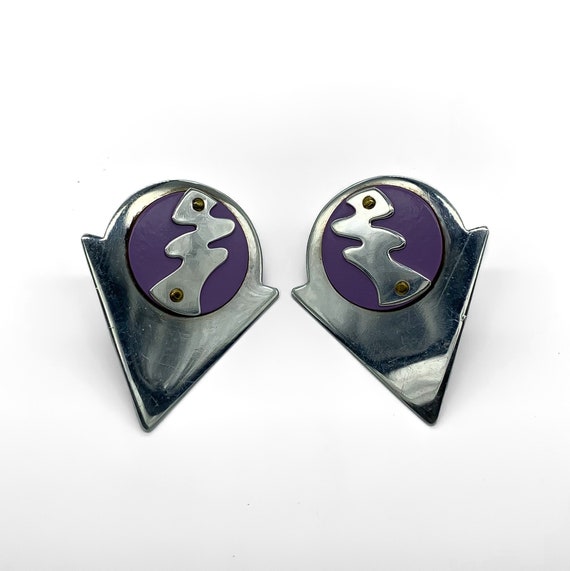 Vintage Modernist Sterling Silver Purple Enamel Earrings/ Modernist Sterling Earrings/ Modernist Earrings/ Vintage Sterling Earrings