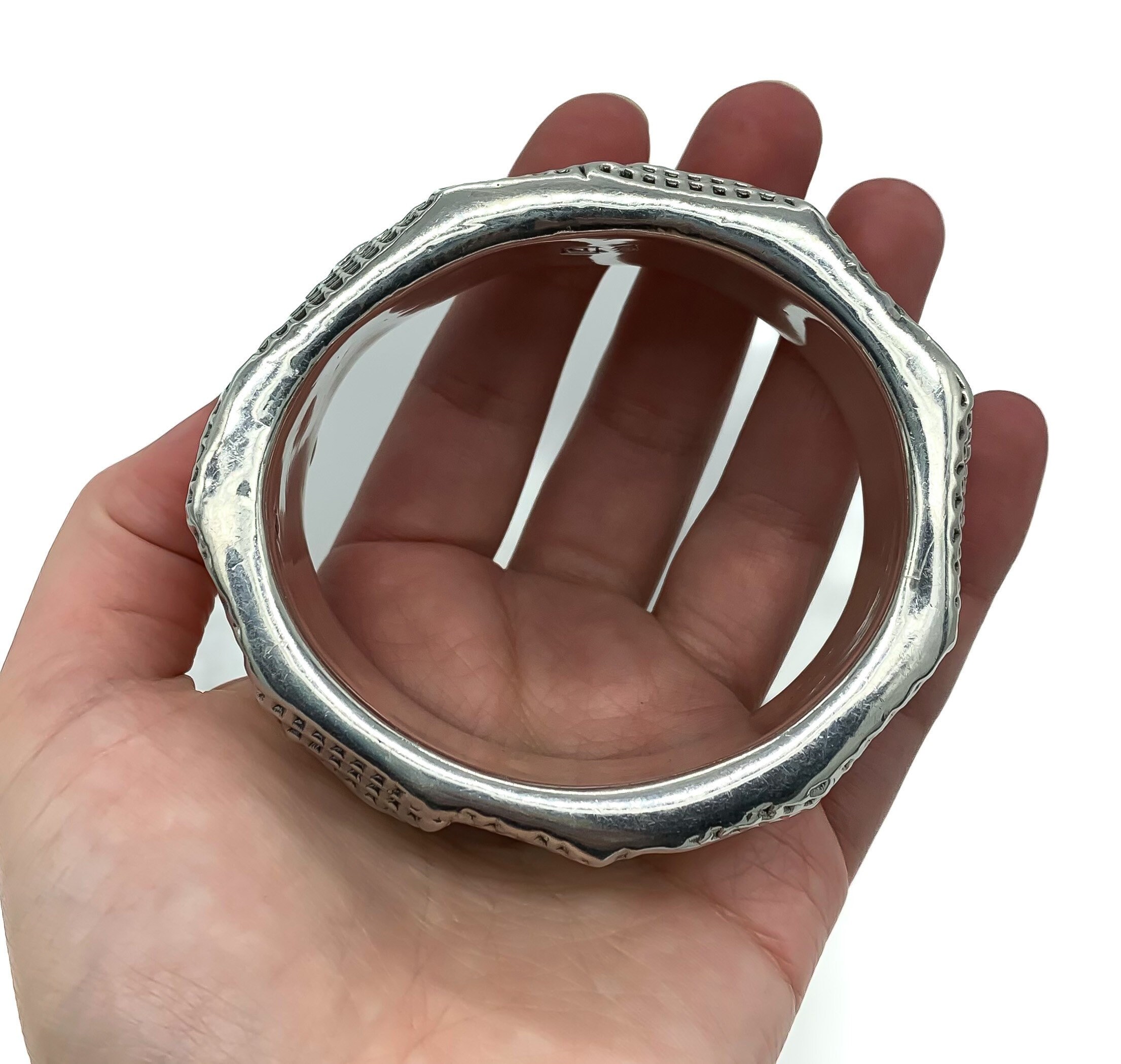 Vintage Brutalist Sterling Silver Wide Textured Bangle Bracelet 8