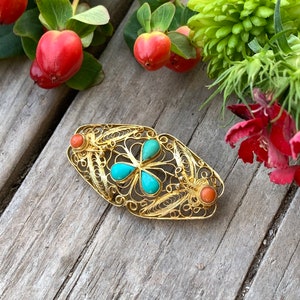 Vintage Chinese Export Gold Sterling Silver Turquoise Coral Filigree Pin Brooch/ Chinese Gold Filigree Turquoise Coral Brooch/ Filigree Pin image 3