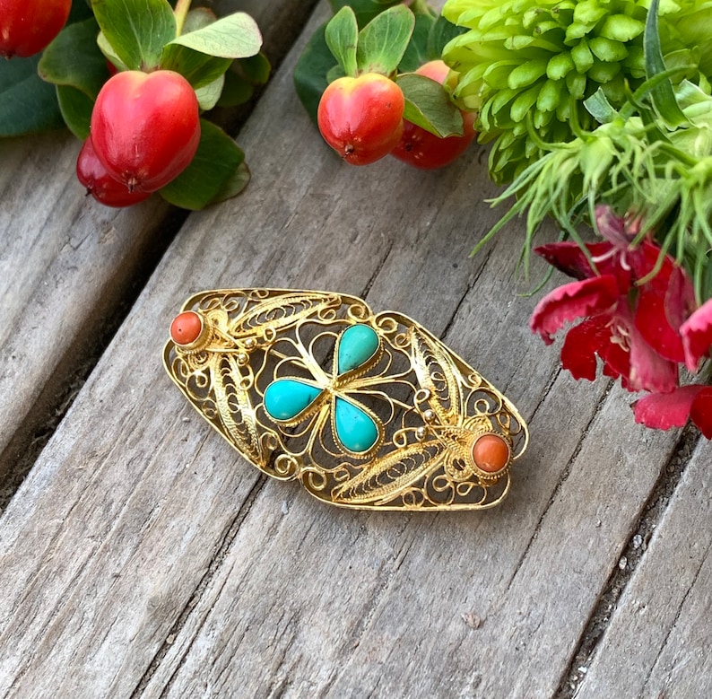 Vintage Chinese Export Gold Sterling Silver Turquoise Coral Filigree Pin Brooch/ Chinese Gold Filigree Turquoise Coral Brooch/ Filigree Pin image 3