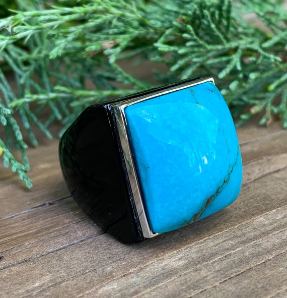 Vintage Designer Sterling Silver Carved Onyx Turquoise Ring Size 5.25/ Carved Gemsone Ring/ Bkack Inyx Ring/ Turquoise Signet Ring/ Blue