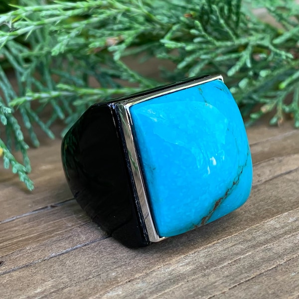 Vintage Designer Sterling Silver Carved Black Onyx and Turquoise Chunky Ring Size 5.25/ Carved Gemstone Ring/ Chunky Turquoise Ring/ Blue