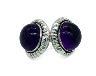 Brincos de Prata de Lei com Cabochão de Ametista em Estilo Modernista Vintage / Brincos de Pino com Ametista / Brincos Vintage em Prata de Lei / Ametista em Prata de Lei