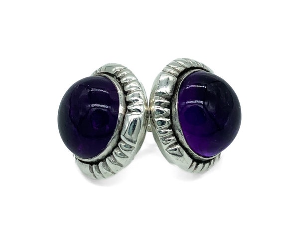 Vintage Modernist Sterling Silver Amethyst Cabochon Stud Earrings/ Amethyst Post Earrings/ Vintage Sterling Earrings/ Sterling Amethyst