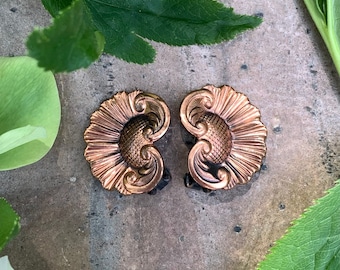 Vintage Art Nouveau Revival Copper Repousse Poppy Flower Clip On Earrings/ Vintage Art Nouveau Poppy Flower Earrings/ Poppy Earrings