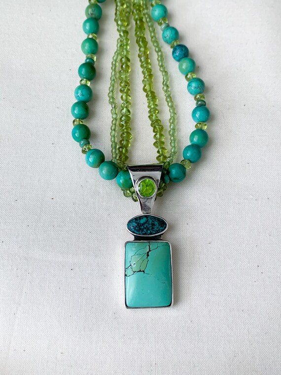 Vintage Sterling Silver Turquoise Peridot Pendant… - image 1
