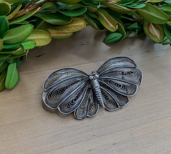 Antique Chinese Sterling Silver Filigree Butterfly Pin Brooch/ Sterling Silver Butterfly Jewelry/ Vintage Sterling Brooch/ Butterfly Pin View 2