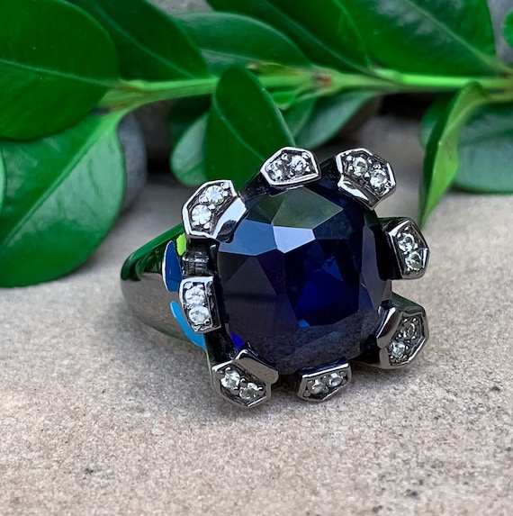 Vintage Sterling Silver Sapphire Enamel Ring 7/ Designer Sterling Silver Sapphire Ring/ Modernist Sterling Silver Ring/ Genuine Sapphire