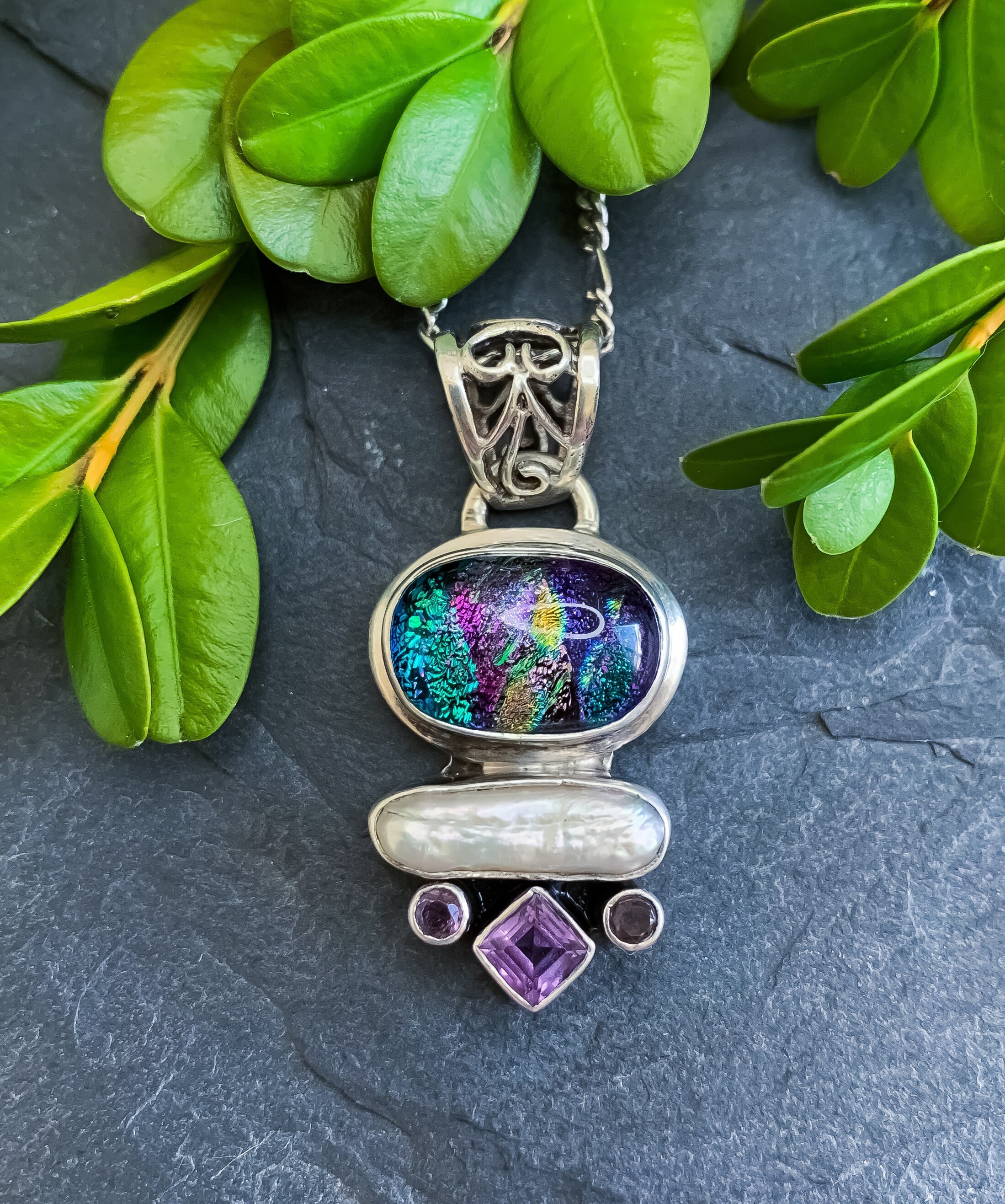 Collier Sautoir Vintage En Perles De Verre Et Améthyste - Argenté - Parfait état