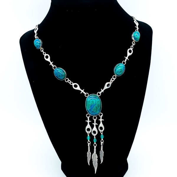 Vintage Native American Old Pawn Navajo Sterling Silver Sandcast Chrysocolla Necklace 16"/ Southwest/ Squash Blossom Link/ Chrysocolla