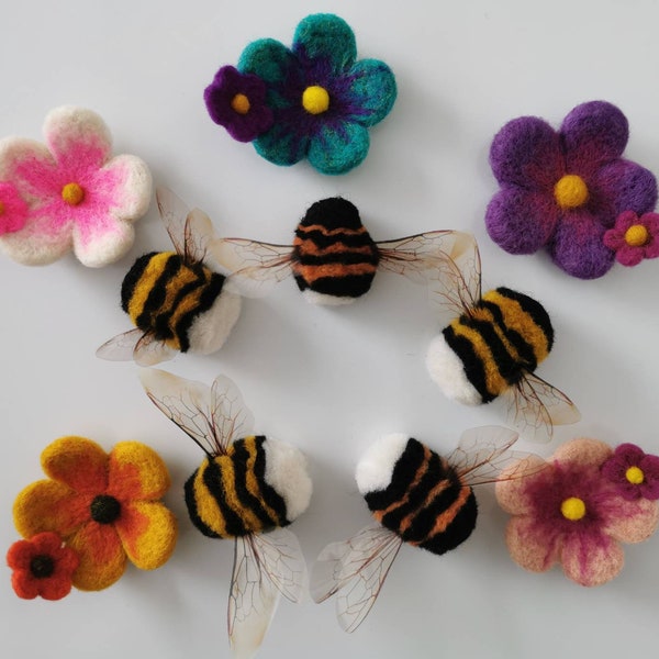 Handmade In Wales Needle felted bumblebee and flower fridge magnets