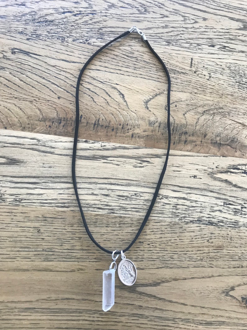 Calcite Crystal with St Michael necklace for healing