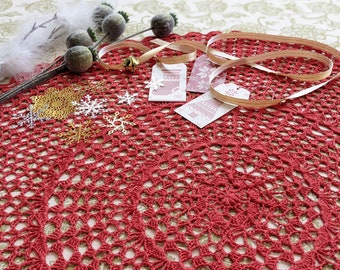 Handmade crochet round tablecloth Red lace doily Vintage rustic farmhouse decor Crochet photo props