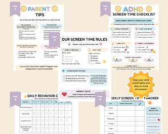Lista de verificação para o tempo de tela durante o verão, criada por professores para crianças com TDAH | Quadro de comportamento e rastreador de rotina para imprimir | Download instantâneo em PDF