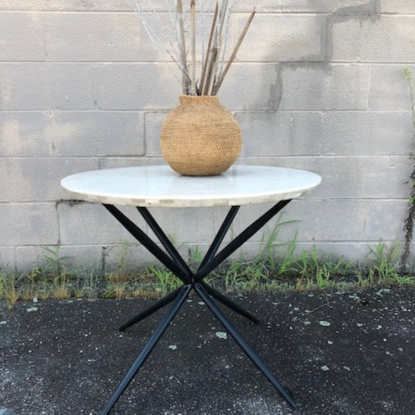 Regency Modern Cross Leg End Table With Travertine Top