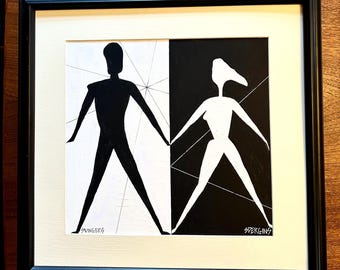 Original Pen & Ink Framed Abstract Titled Swingers by Scott Dergins