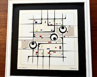 Original Pen & Ink Framed Abstract Titled MCM Terrazzo by Scott Dergins