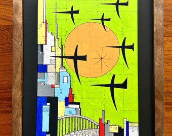 Original Pen and Ink Wall Art Titled Friendly Skies by Artist Scott Dergins