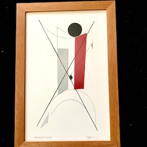 May include: A framed black and white abstract art print with geometric shapes and lines. The print is titled "Pendulum Swing" and is signed by the artist.