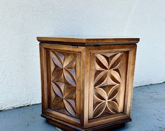 Vintage Mid Mod Hexagonal Walnut End Table with Doors