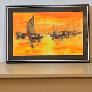 Vintage Brutalist Abstract Framed Watercolor Painting