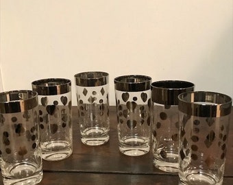 Vintage 9 pc Set of Drink Glasses with Silver